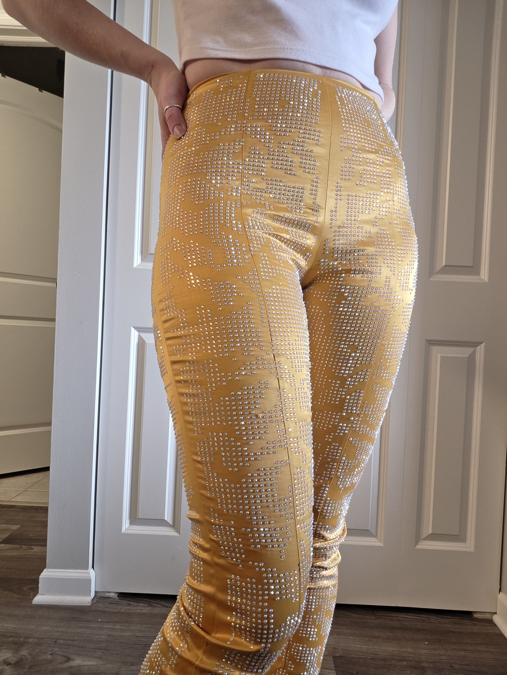 Akira Mustard Yellow Rhinestone Embellished Stretch Pants